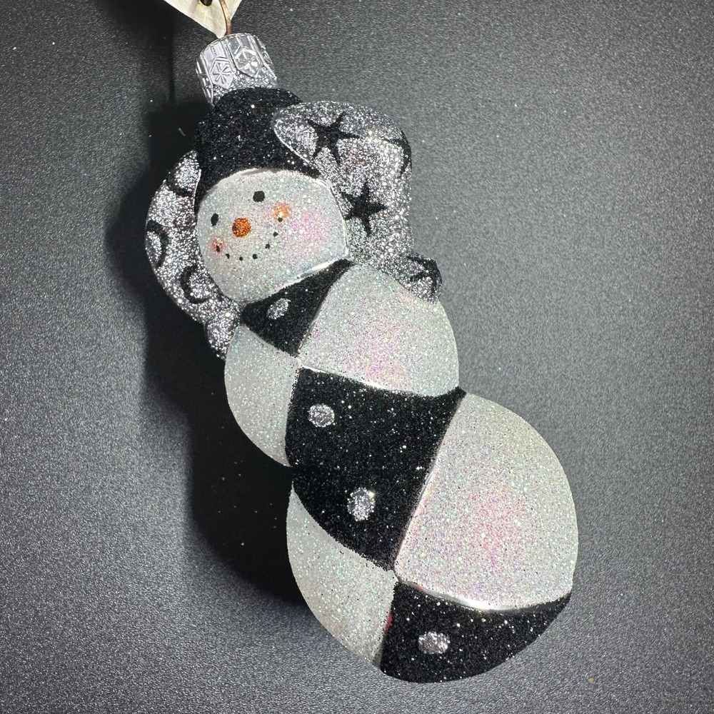 2002 Patricia Breen Harlequin Snowman 4.33" Ornament Black and Silver Moon Stars